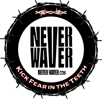 NEVER WAVER KICK FEAR IN THE TEETH motivational clothing, inspirational apparel, positive mindset shirts, empowerment hoodies, Never Waver brand, motivational quotes shirts, self-growth apparel, resilience clothing, mental strength clothing