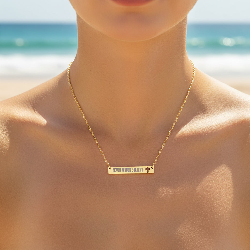 Cutout Cross Bar Necklace — "Never Waver, Believe" Engraved Christian Pendant