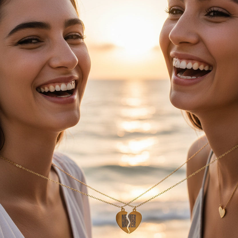 Break Apart Heart Necklace Set - "Never Never" Engraved Best Friend