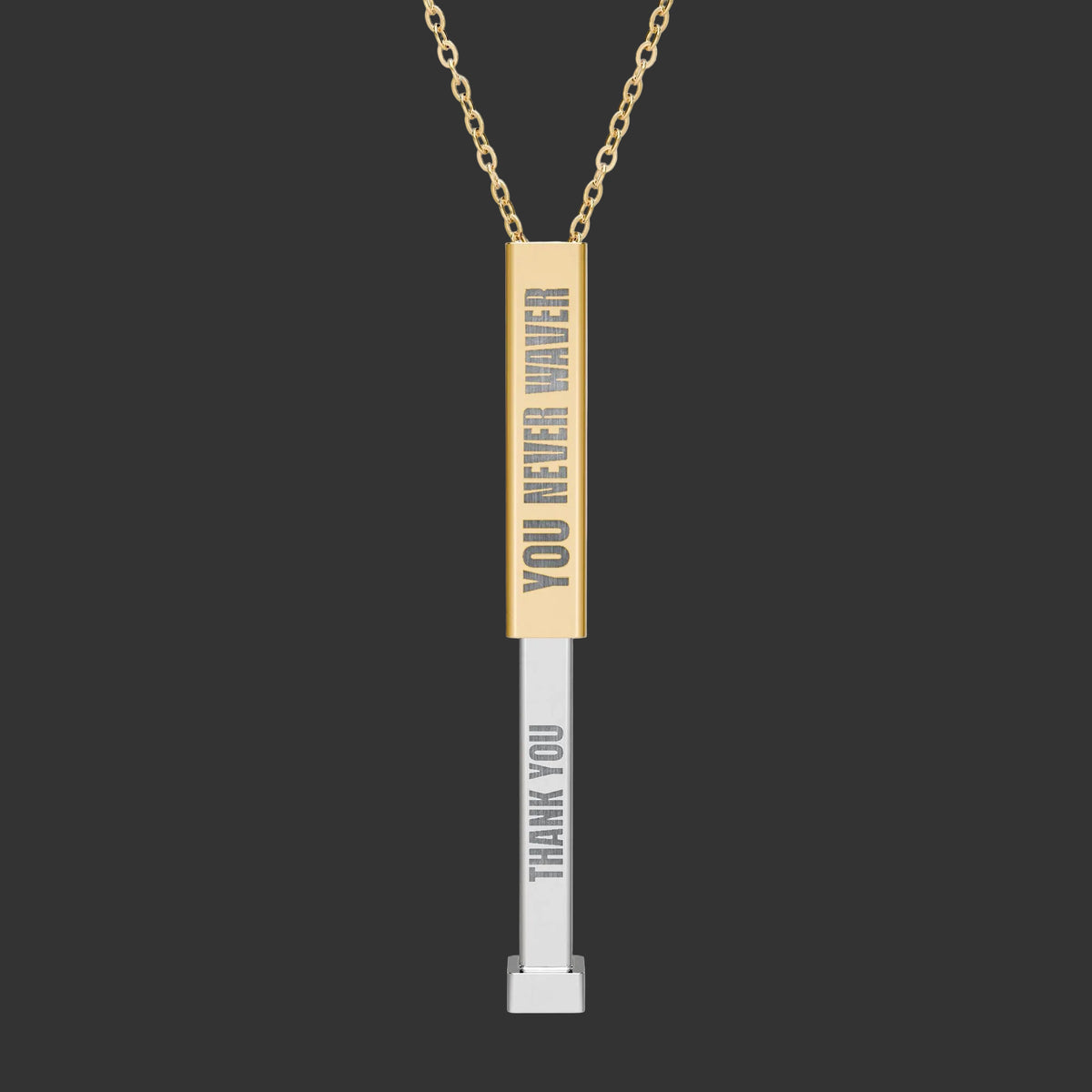 Hidden Message Sliding Bar Necklace — Engraveable Secret-Message Pendant ("You Never Waver / Custom Inside)