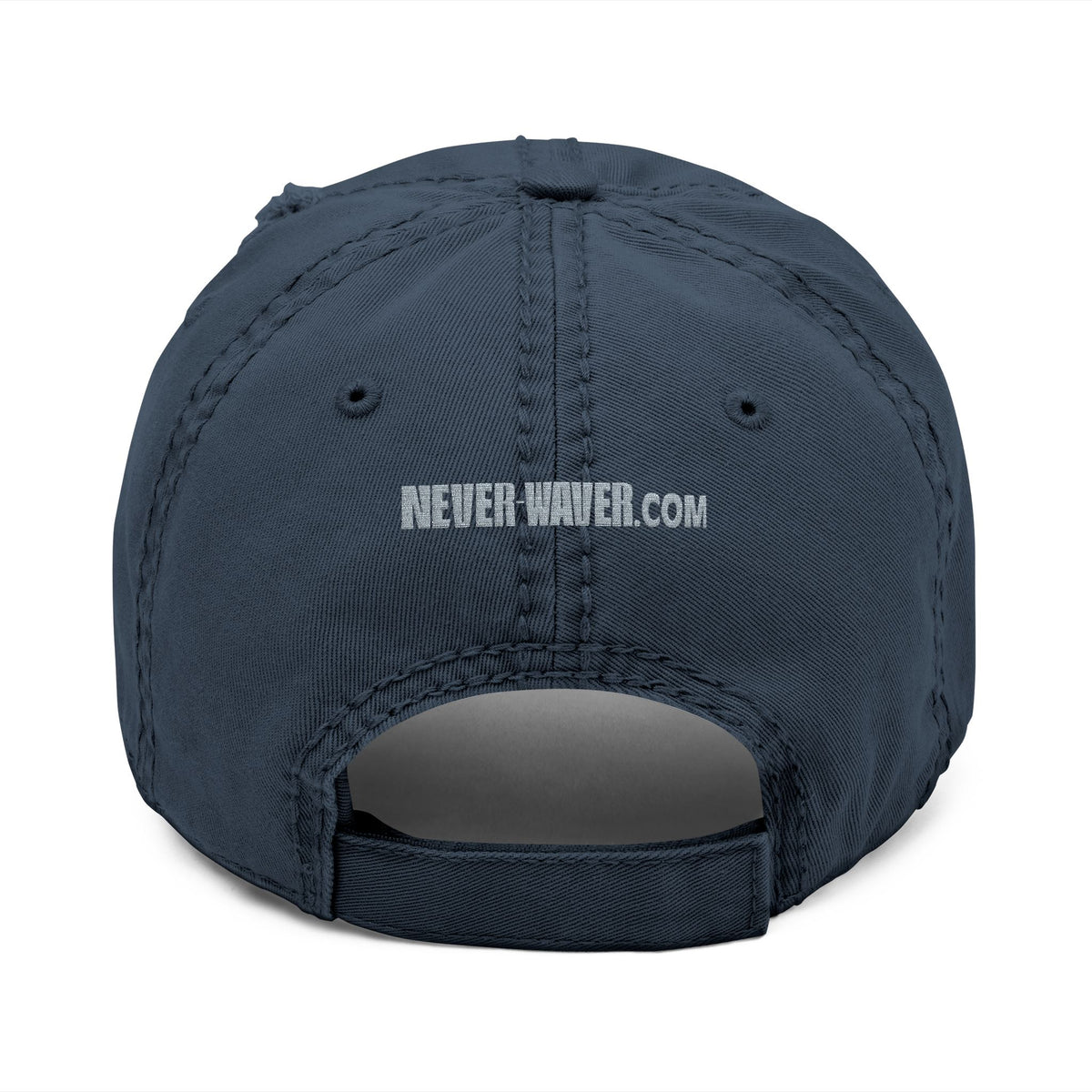 Distressed Dad Hat with 'Never Waver' Embroidery - Casual Style for Everyday Adventures by Printify