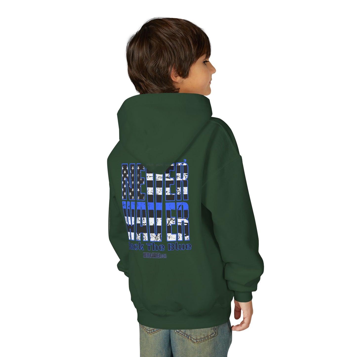 Never Waver Back The Blue Vintage-Inspired Youth Hoodie with American Flag Design
