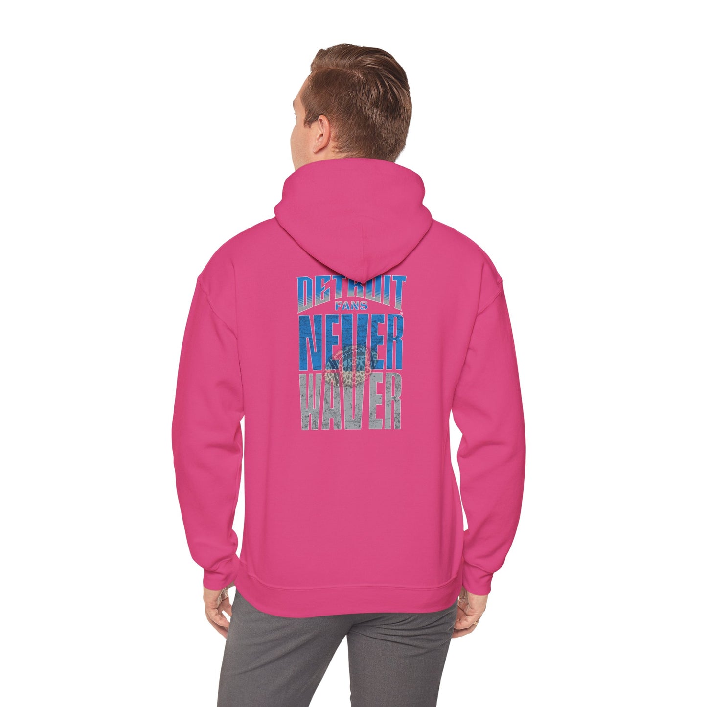 "Detroit Fans NEVER WAVER w Leopard Football" Inspirational Wear Unisex Heavy Blend™ Hooded Sweatshirt