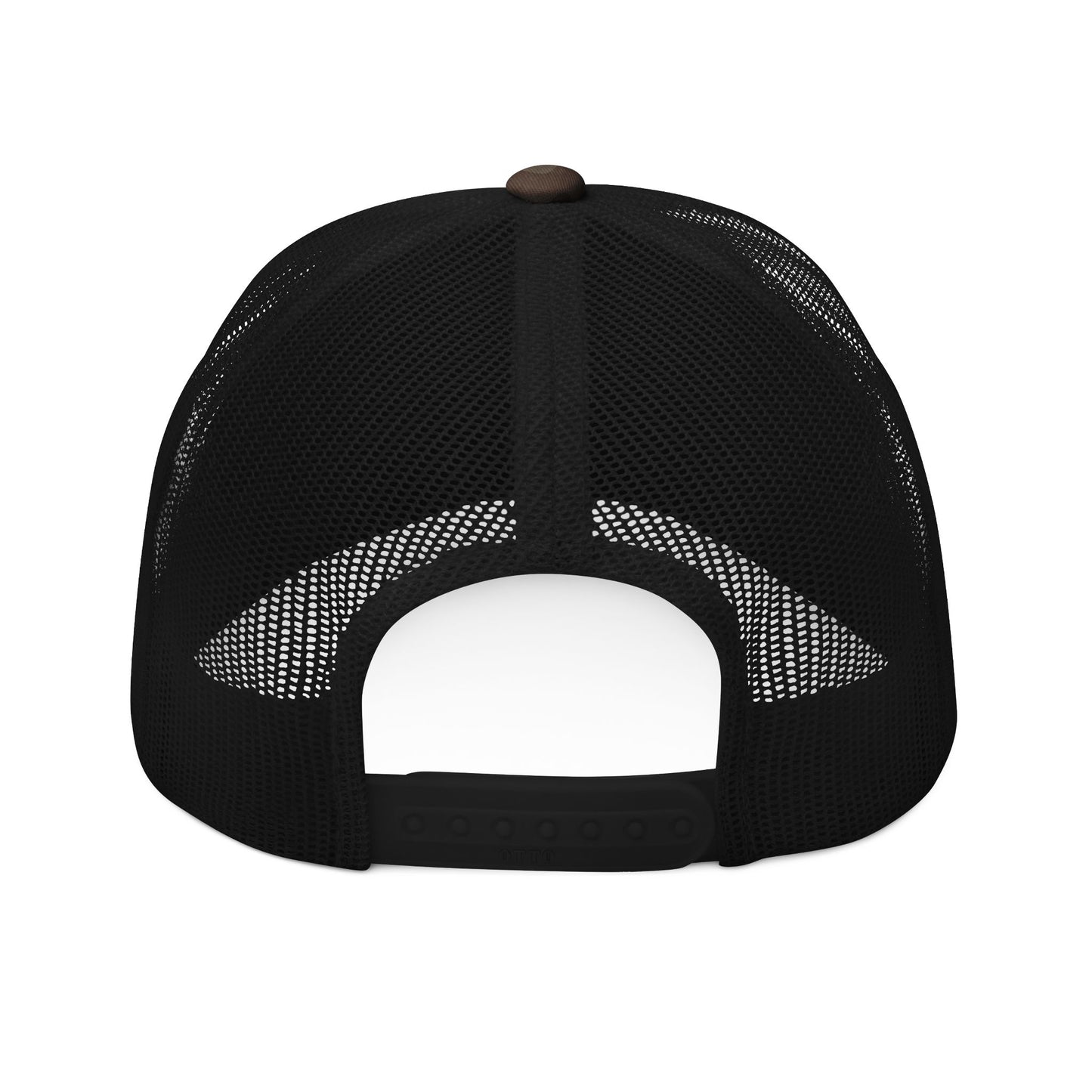Never Waver Camo Trucker Hat — Embroidered Rustic Patch Cap