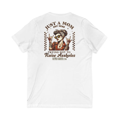 Never Waver Just A Mom Trying Not to Raise A&&holes V-Neck Tee for Moms - Patriotic Short Sleeve Shirt