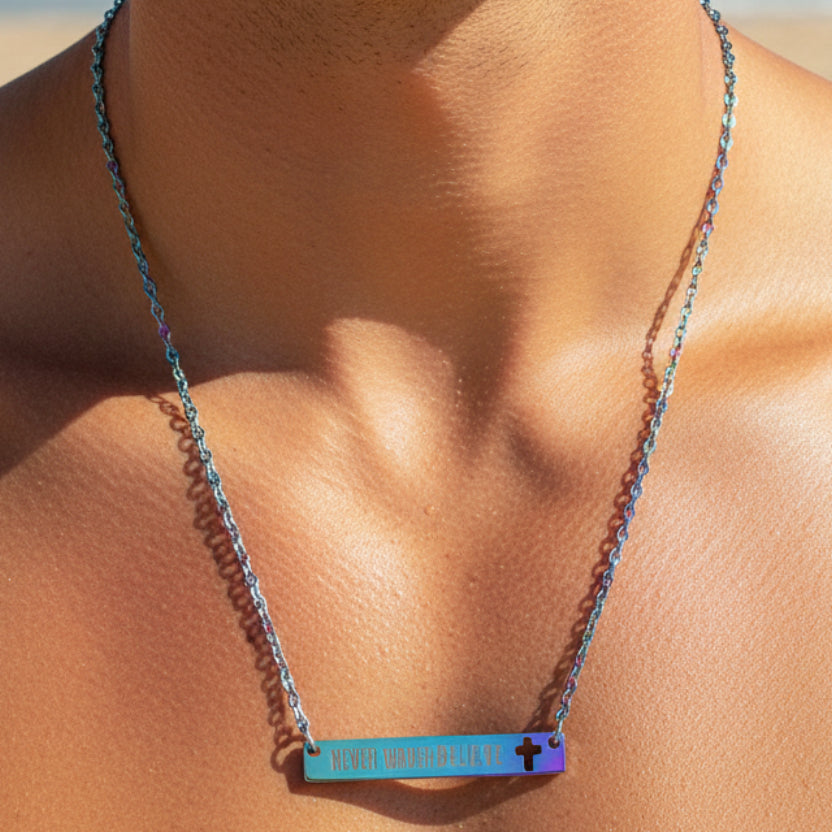 Cutout Cross Bar Necklace — "Never Waver, Believe" Engraved Christian Pendant