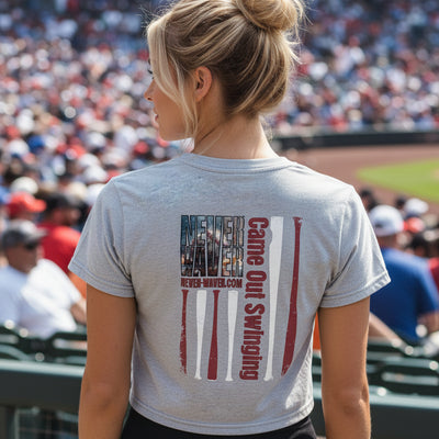 Women's Crop Tee — "Never Waver" Baseball Graphic Tee (Came Out Swinging)