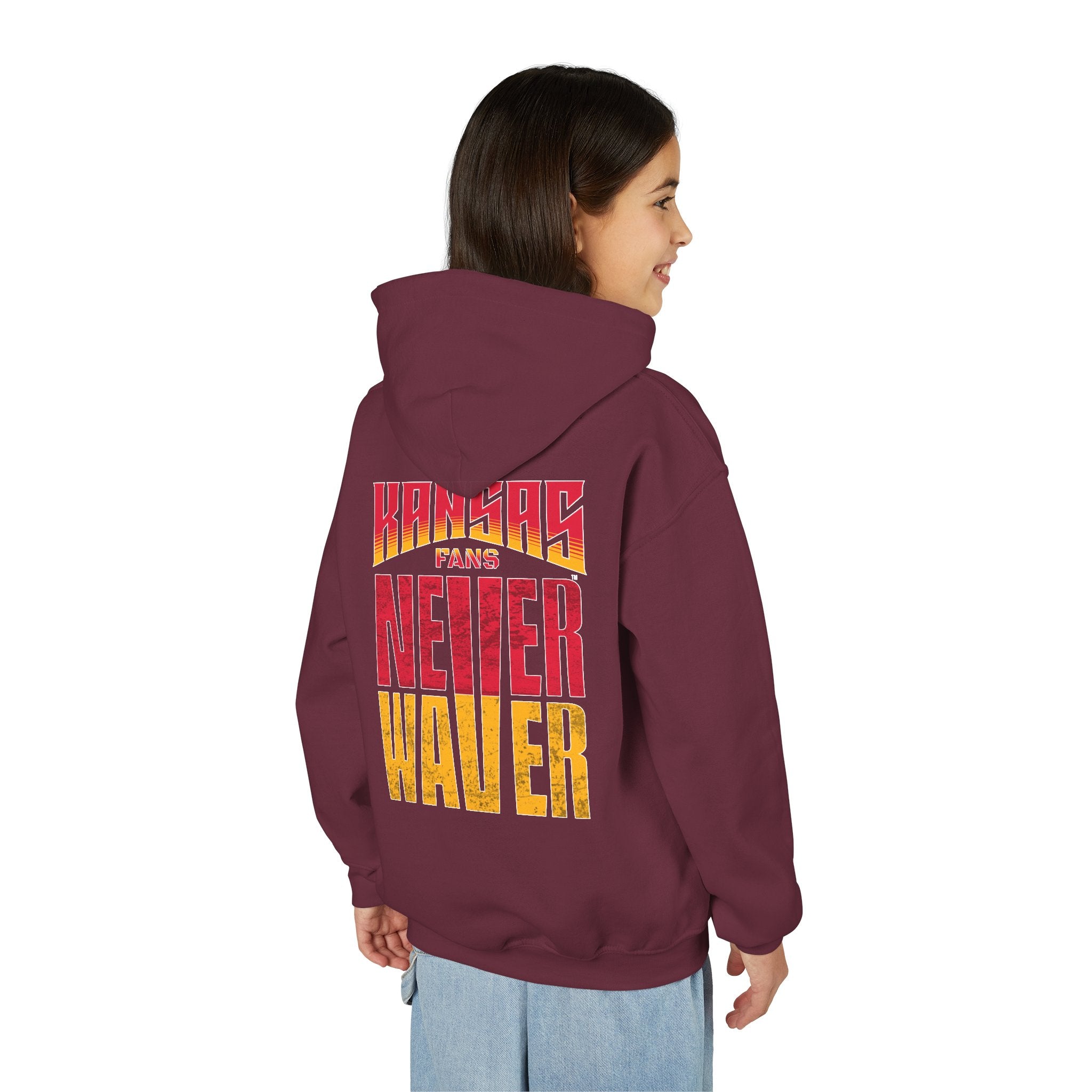 Kansas Fans Never Waver Youth Heavy Blend Hooded Sweatshirt