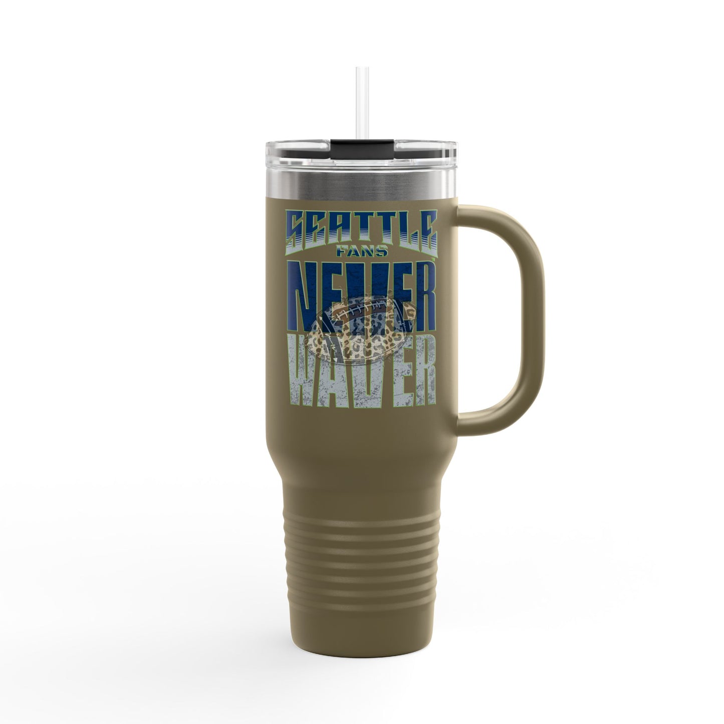 Seattle Fans Never Waver w Leopard Football Insulated Mug, 40oz