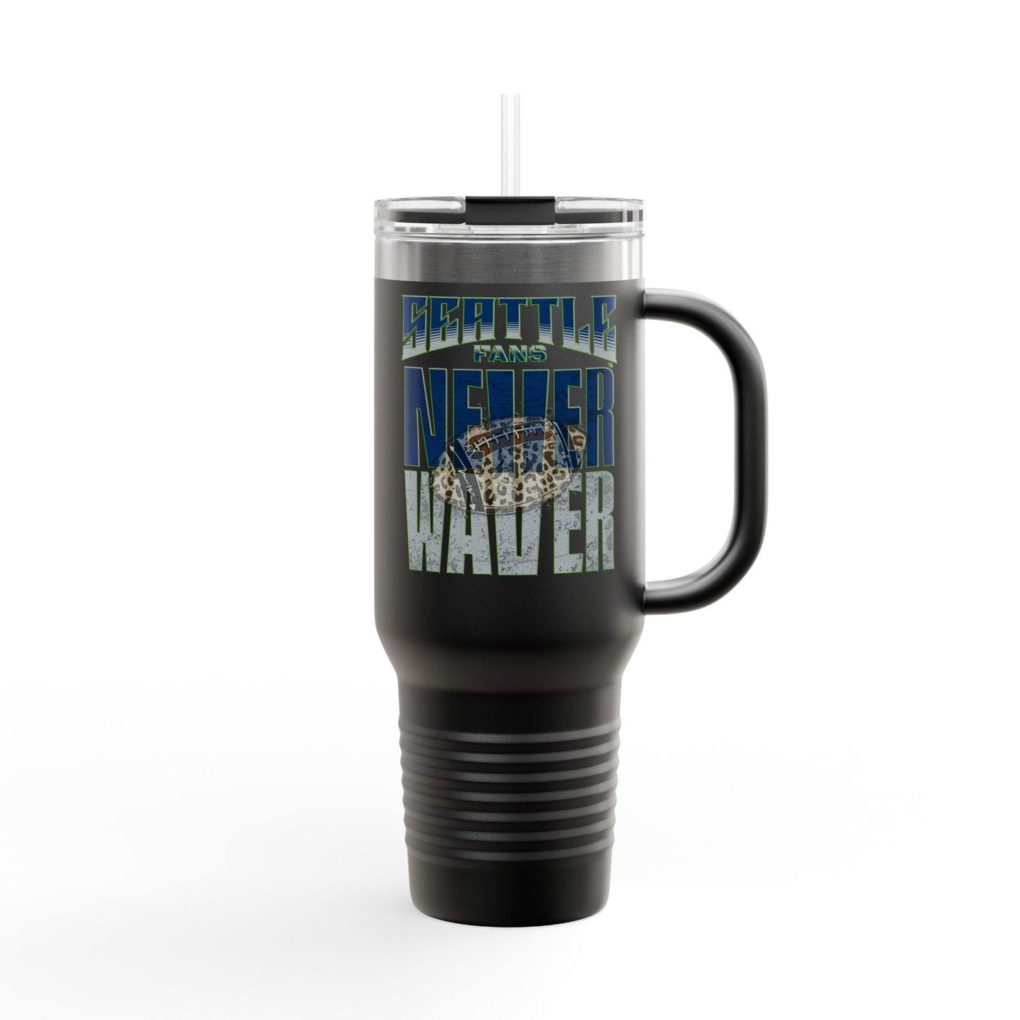 Seattle Fans Never Waver w Leopard Football Insulated Mug, 40oz