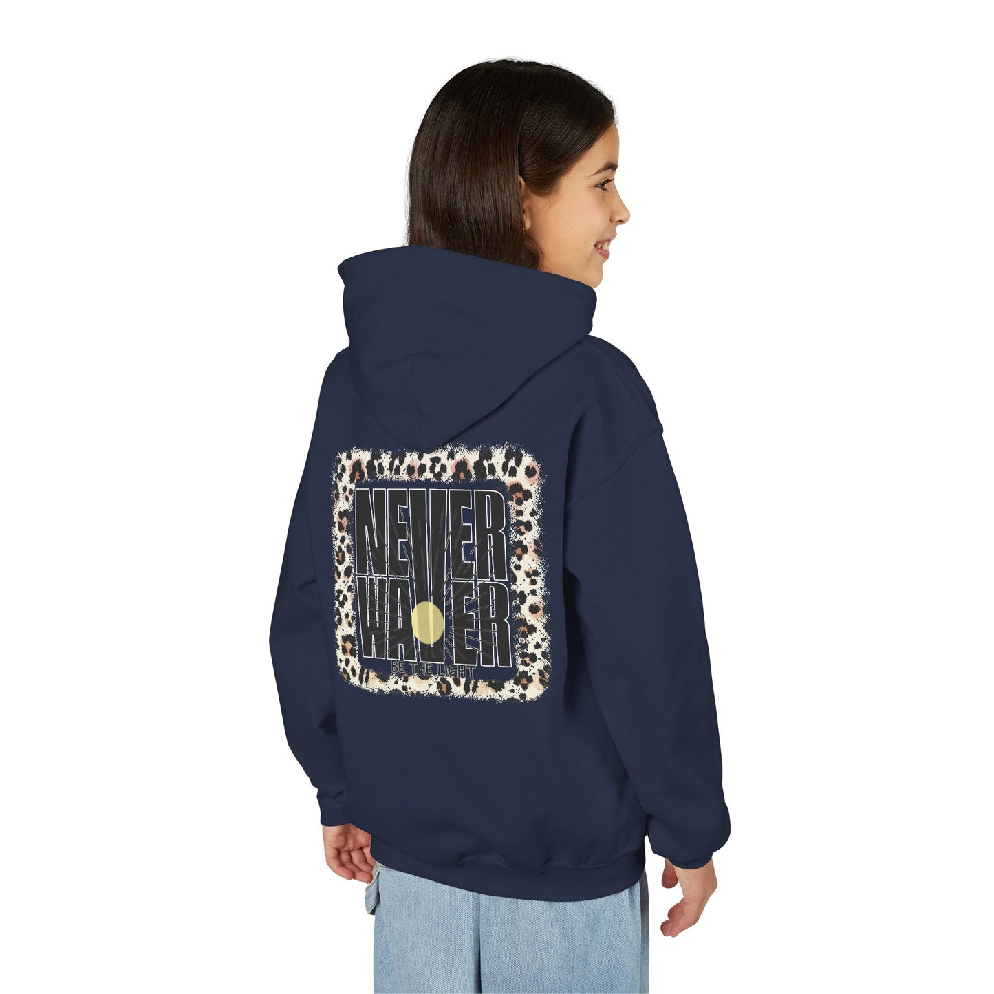 "NEVER WAVER Be The Light Design" Motivational Sweatshirt Youth Heavy Blend Hoodie
