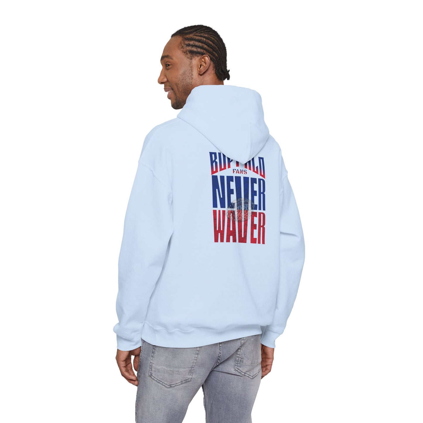 Buffalo Fans Never Waver w Leopard Football Design Unisex Heavy Blend™ Hooded Sweatshirt