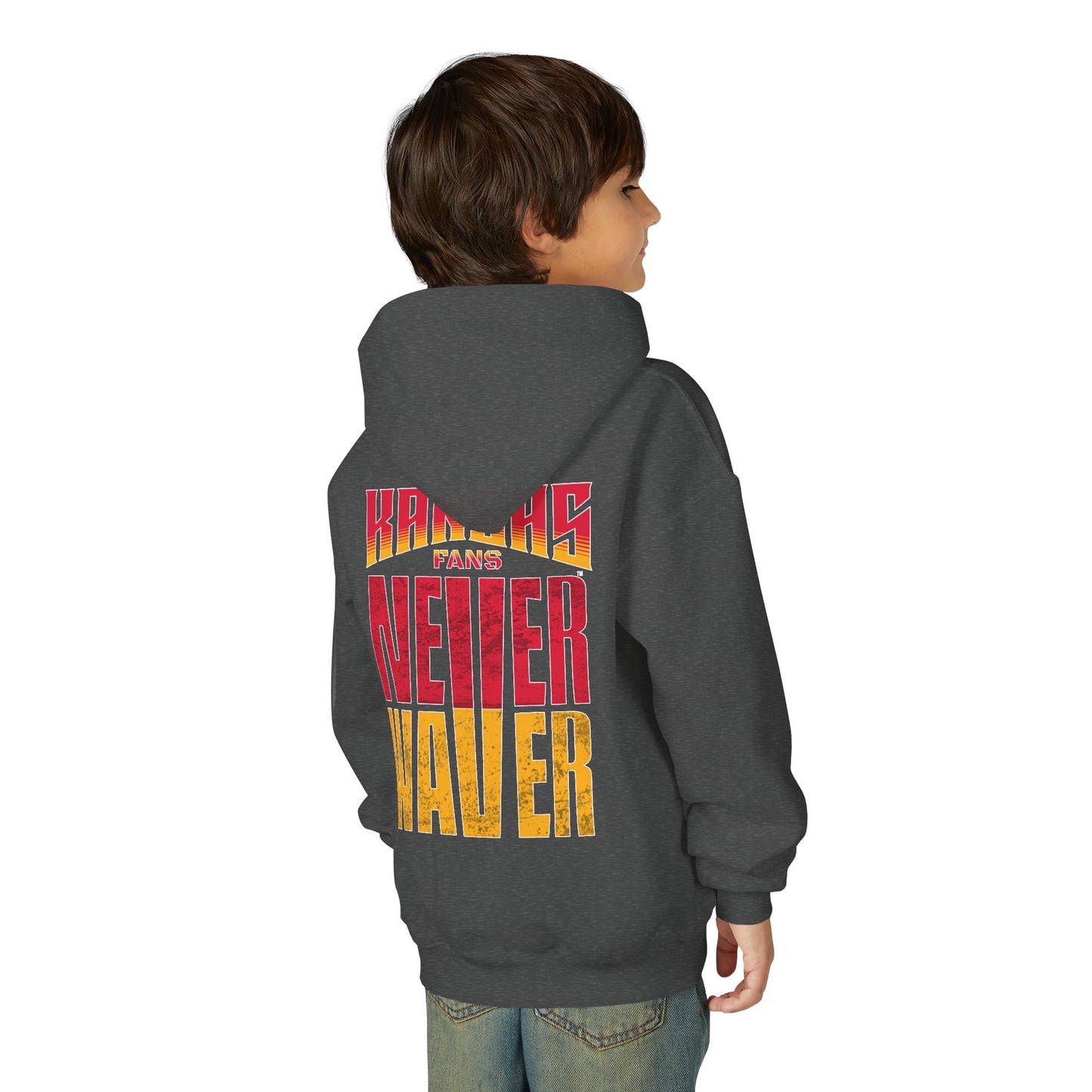 Kansas Fans Never Waver Youth Heavy Blend Hooded Sweatshirt