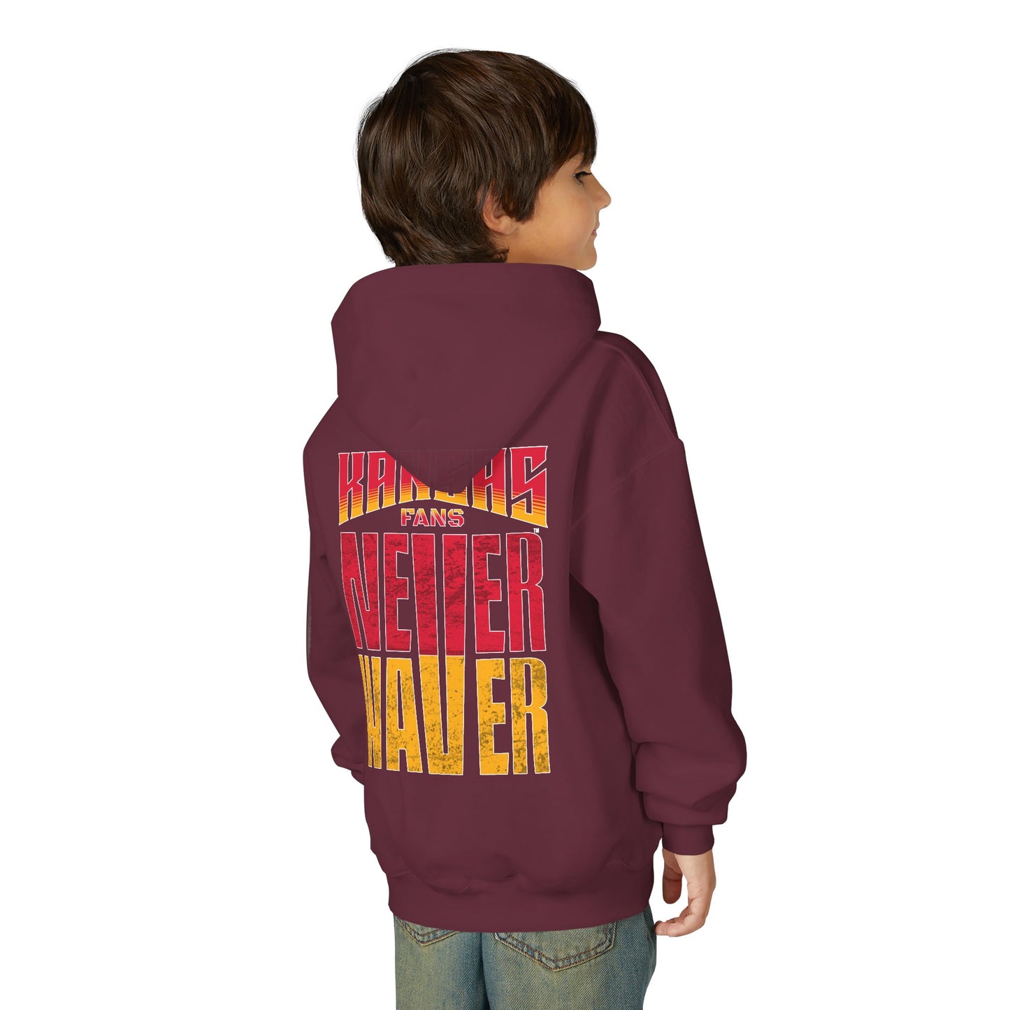 Kansas Fans Never Waver Youth Heavy Blend Hooded Sweatshirt