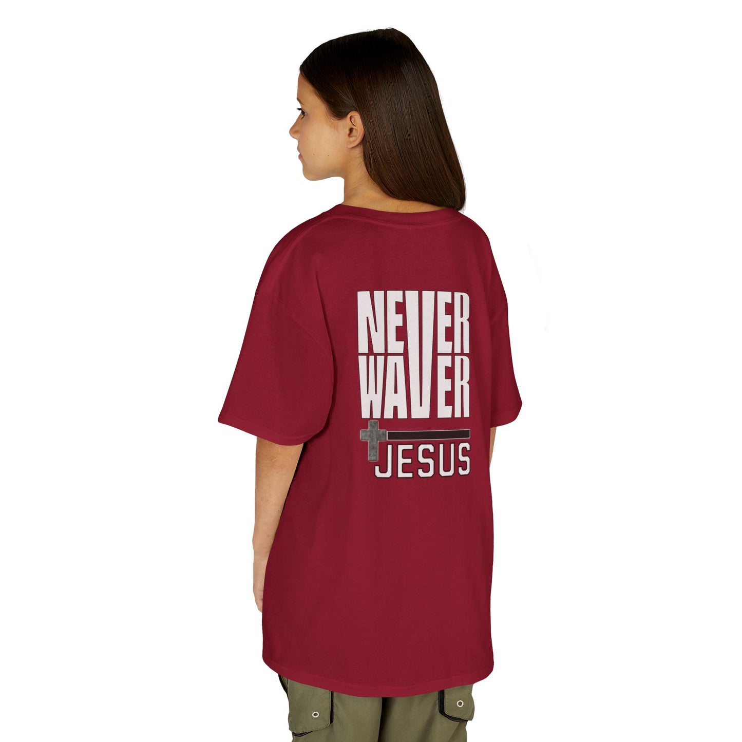 Never Waver” Jesus a bold, eye-catching design that reflects a steadfast faith and confidence in Christ.