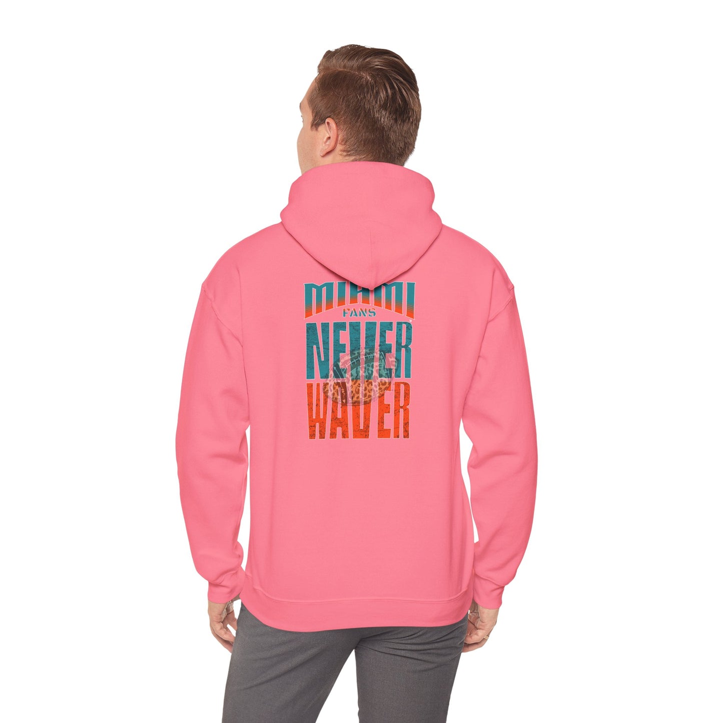 Miami Fans  NEVER WAVER w Leopard Football | Cozy Streetwear for Every Day Unisex Heavy Blend™ Hooded Sweatshirt -