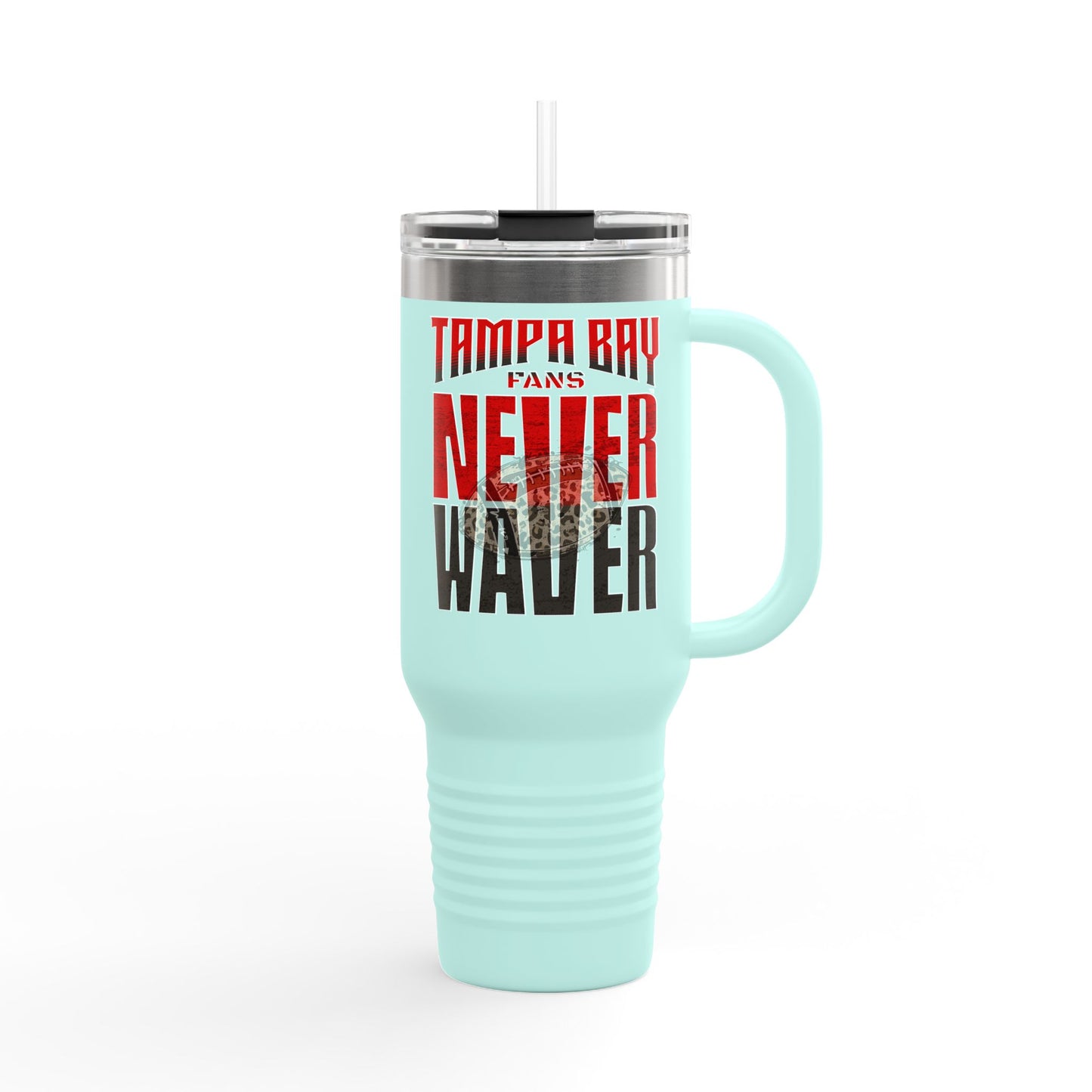 Tampa Bay Fans Never Waver with leopard football Insulated Travel Mug, 40oz