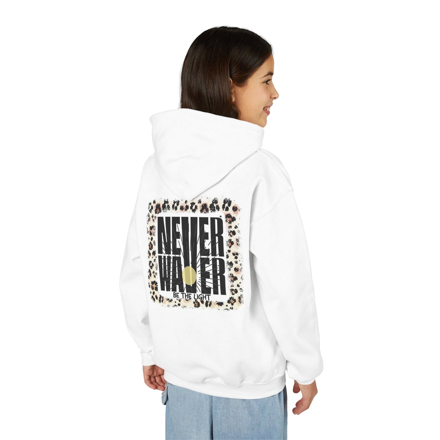 "NEVER WAVER Be The Light Design" Motivational Sweatshirt Youth Heavy Blend Hoodie