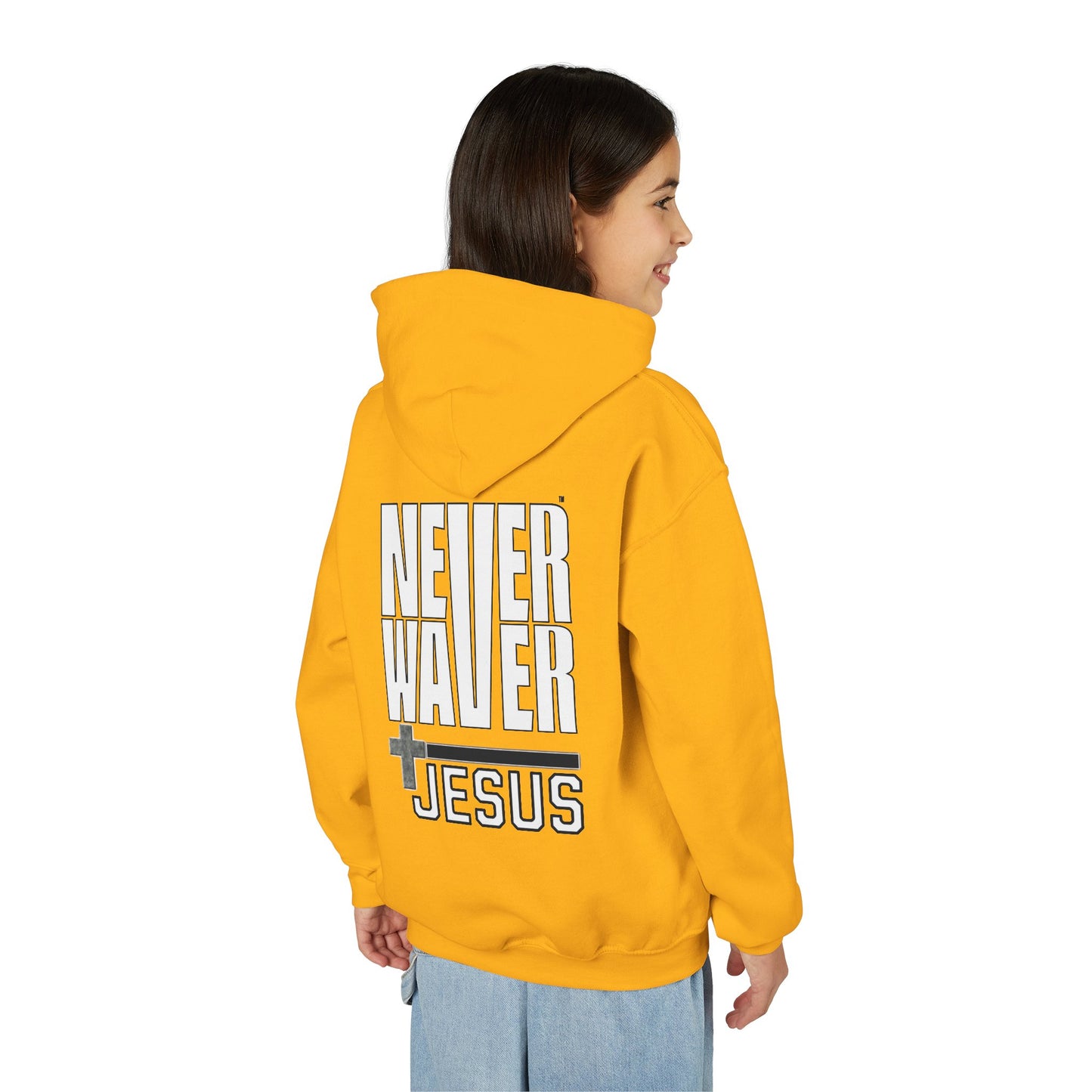 Youth Jesus Hoodie - "Never Waver” Jesus bold, eye-catching design that reflects a steadfast faith and confidence in Christ. " Sweatshirt for Young Jesus Lovers