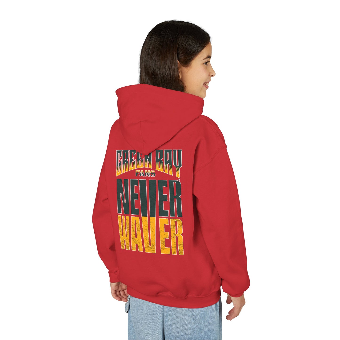 Green Bay Fans Never Waver Youth Heavy Blend Hooded Sweatshirt