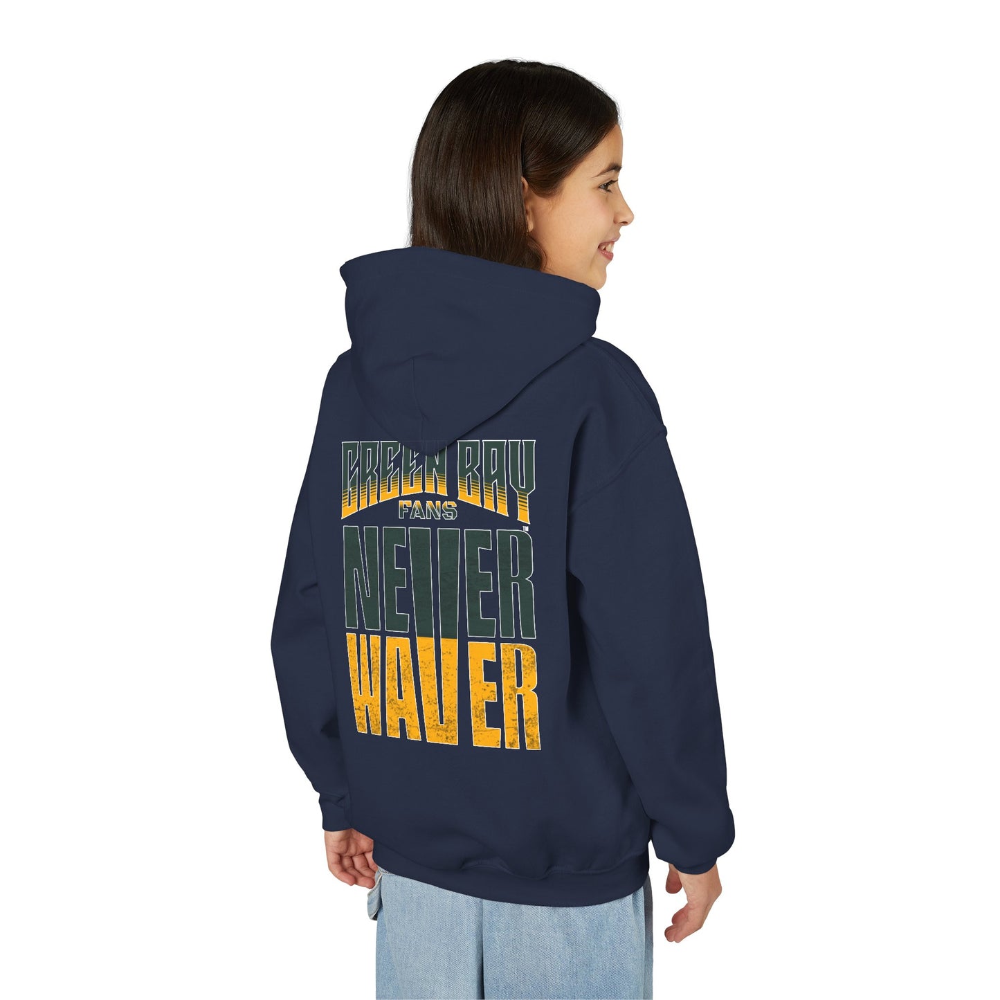 Green Bay Fans Never Waver Youth Heavy Blend Hooded Sweatshirt
