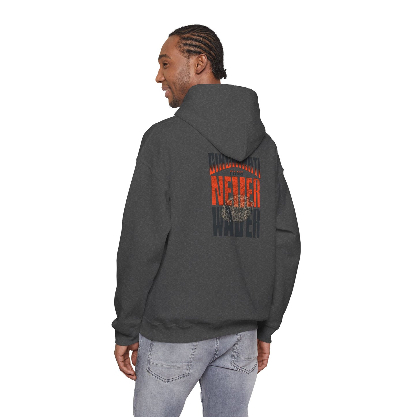 Cincinnati Fans Never Waver Hoodie w Leopard Football - Unisex Heavy Blend Sweatshirt