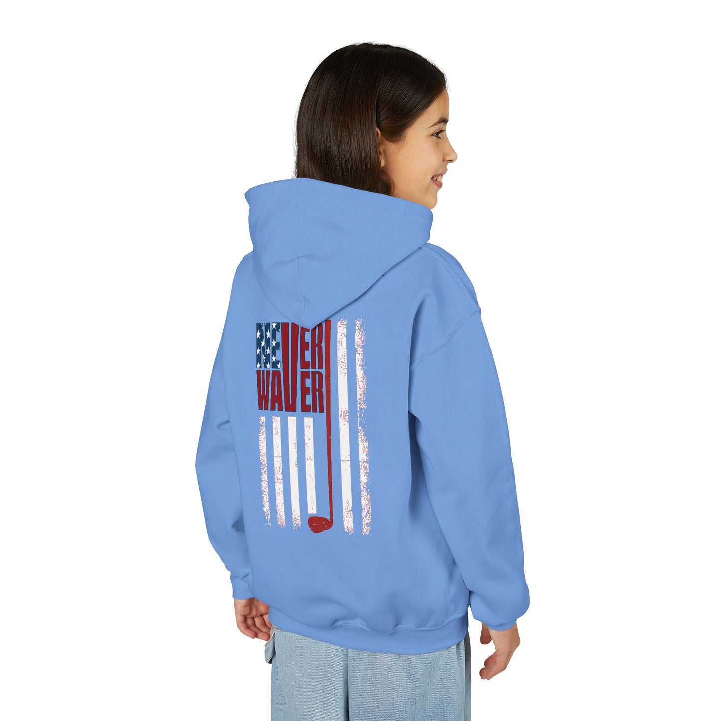 "Never Waver Golf American Flag" Hoodie for Young Golfers