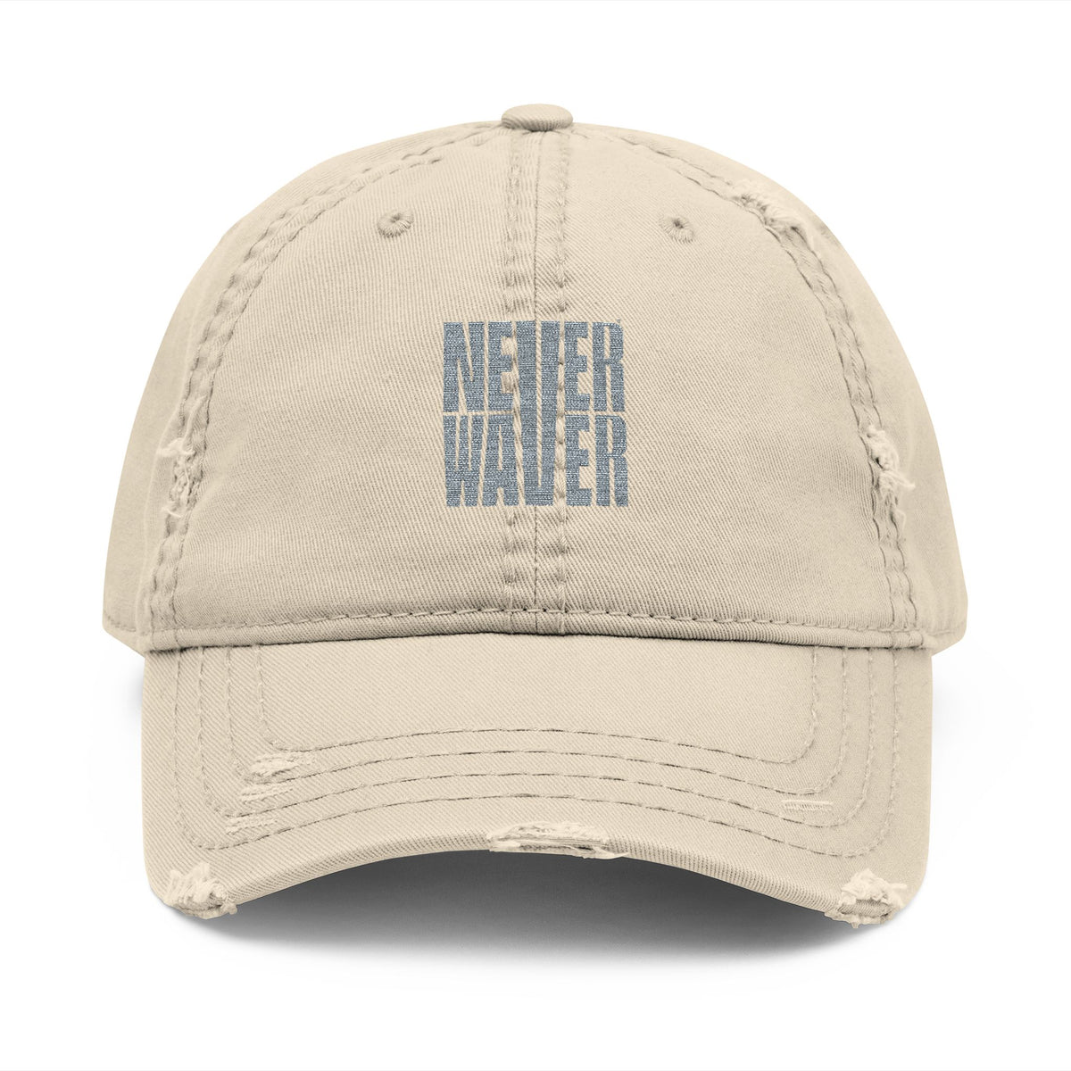 Distressed Dad Hat with 'Never Waver' Embroidery - Casual Style for Everyday Adventures by Printify