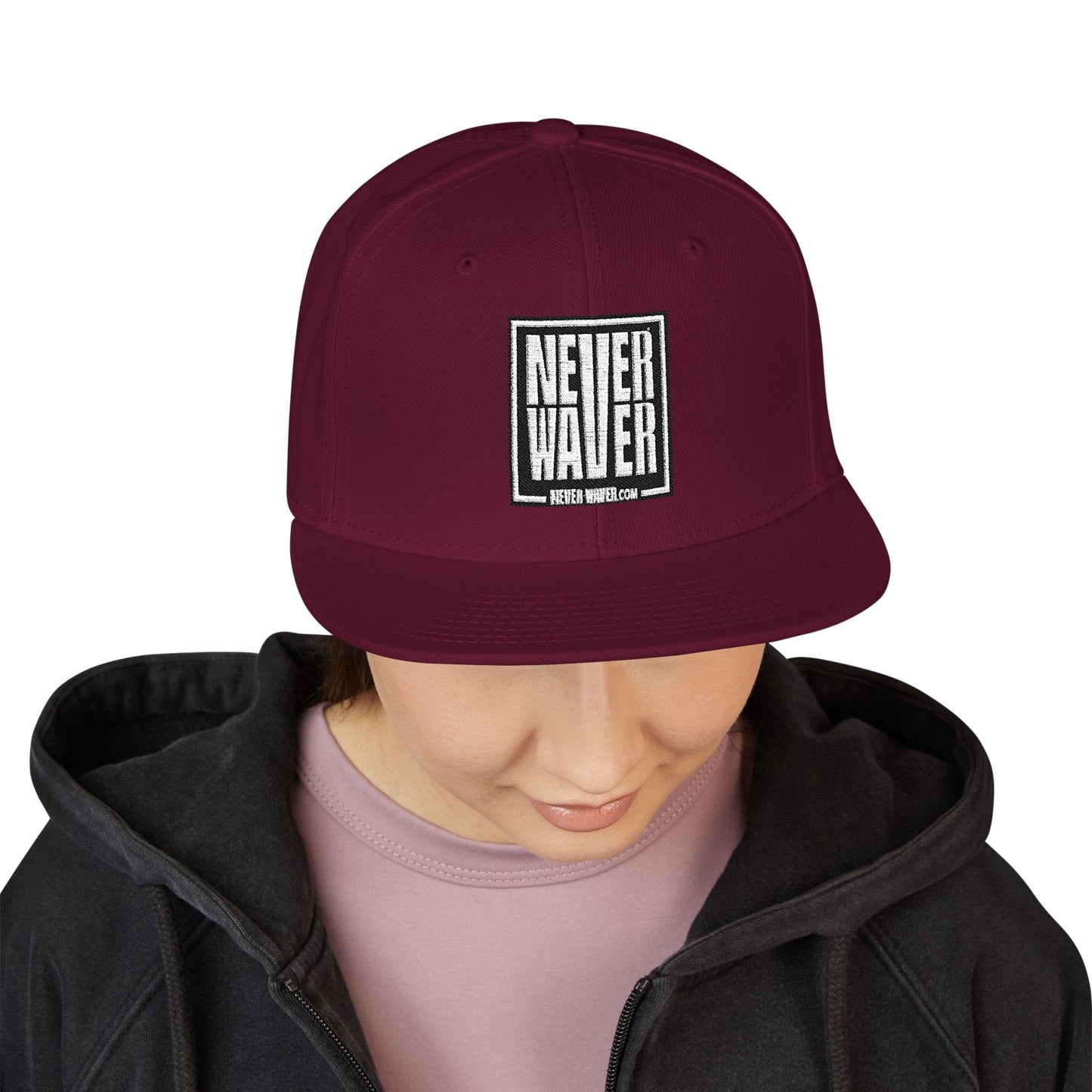 Never Waver Embroidered Square Script Snapback Hat — Bold Monochrome Streetwear