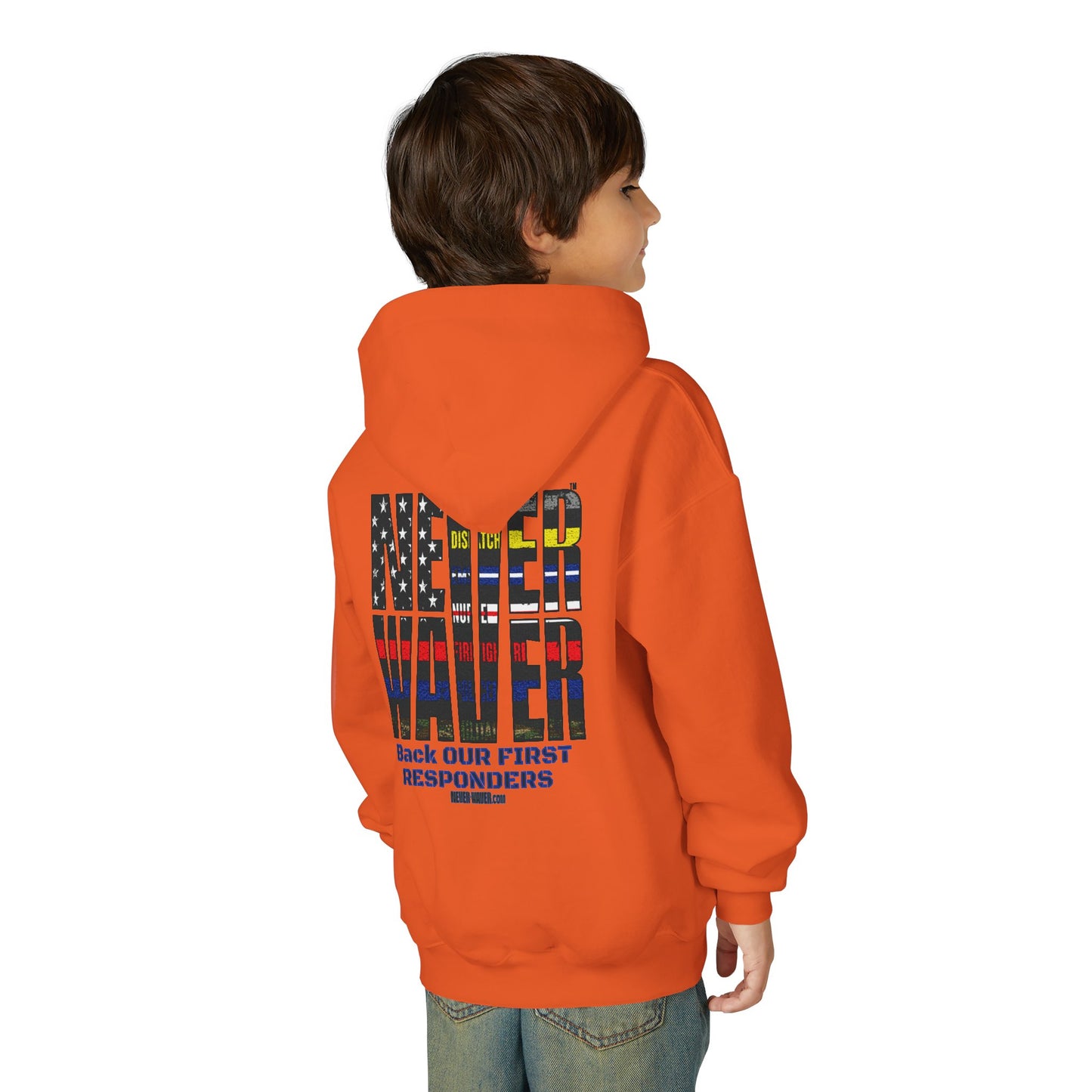Never Waver Always Back Our First Responders Vintage-Inspired Youth Hoodie with American Flag Design