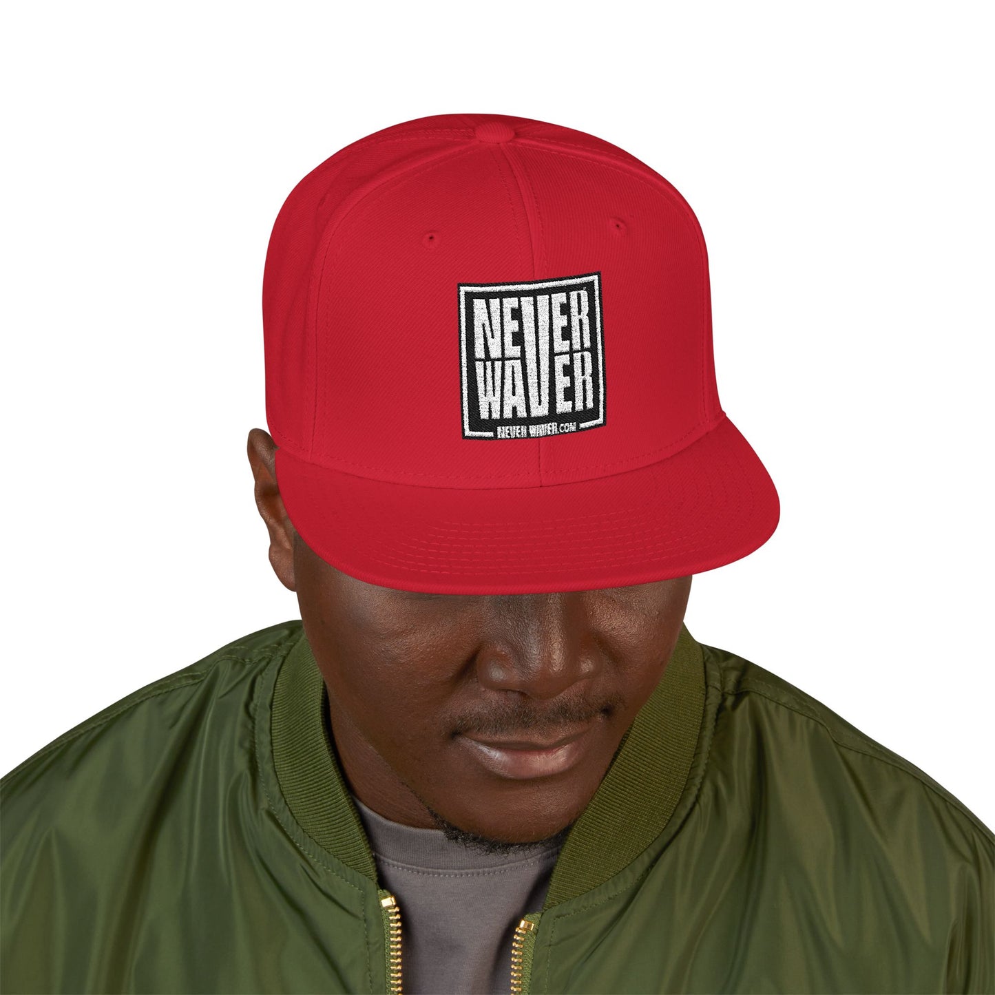 Never Waver Embroidered Square Script Snapback Hat — Bold Monochrome Streetwear