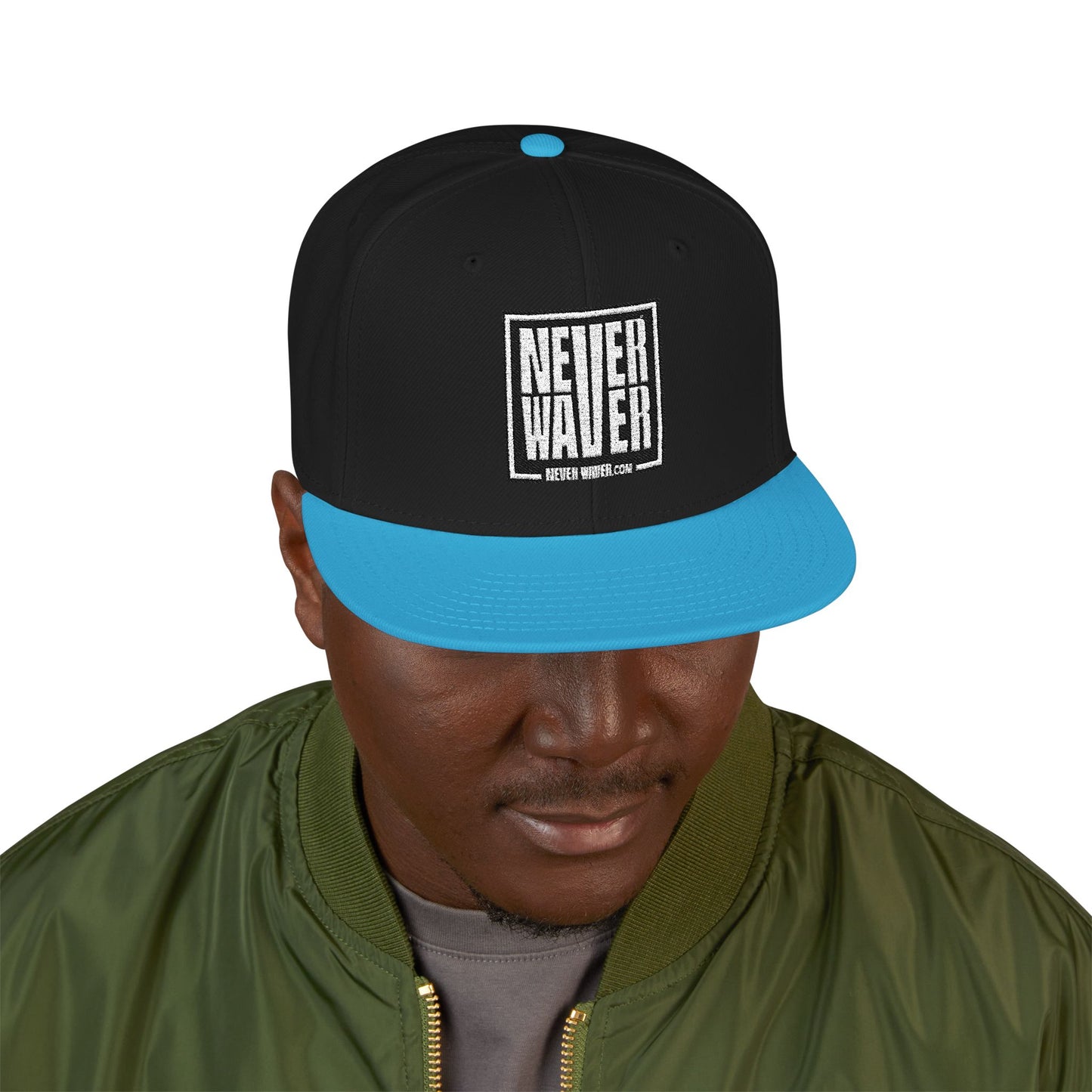 Never Waver Embroidered Square Script Snapback Hat — Bold Monochrome Streetwear