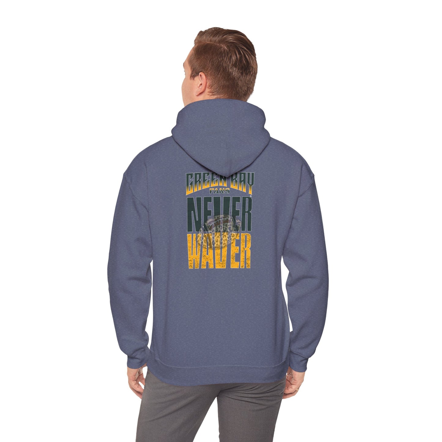 Green Bay Fans Never Waver Hoodie w Leopard Football - Unisex Heavy Blend Sweatshirt