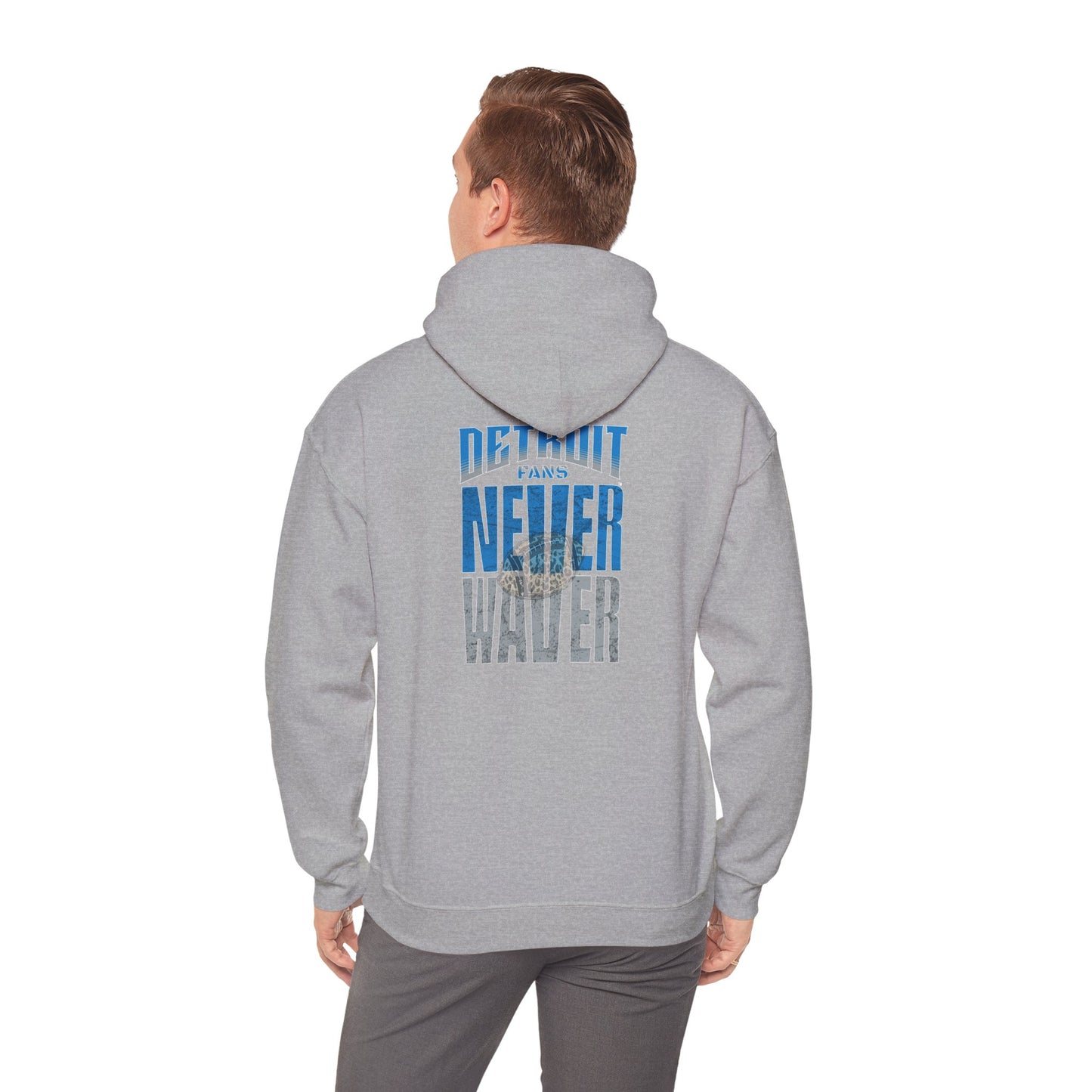 "Detroit Fans NEVER WAVER w Leopard Football" Inspirational Wear Unisex Heavy Blend™ Hooded Sweatshirt