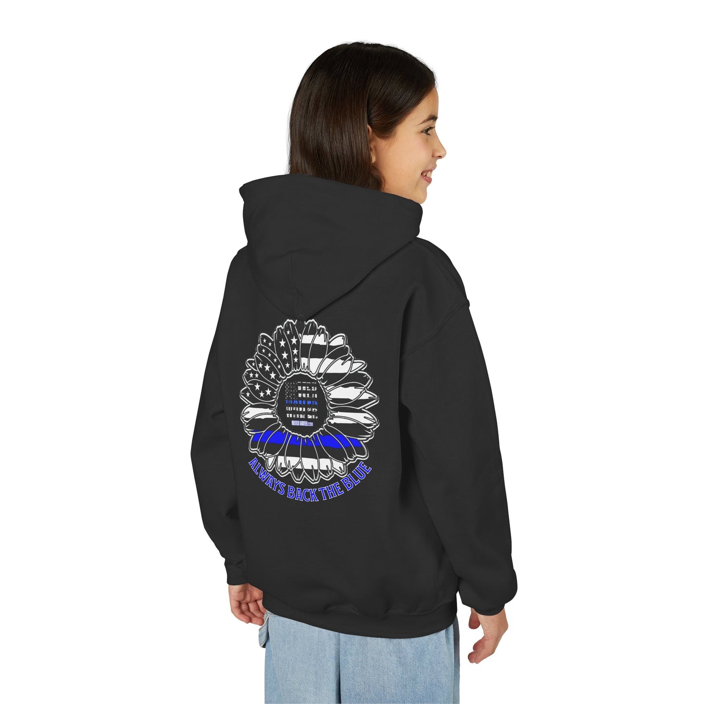 Never Waver Always Back The Blue  Vintage-Inspired Youth Hoodie with American Flag Design