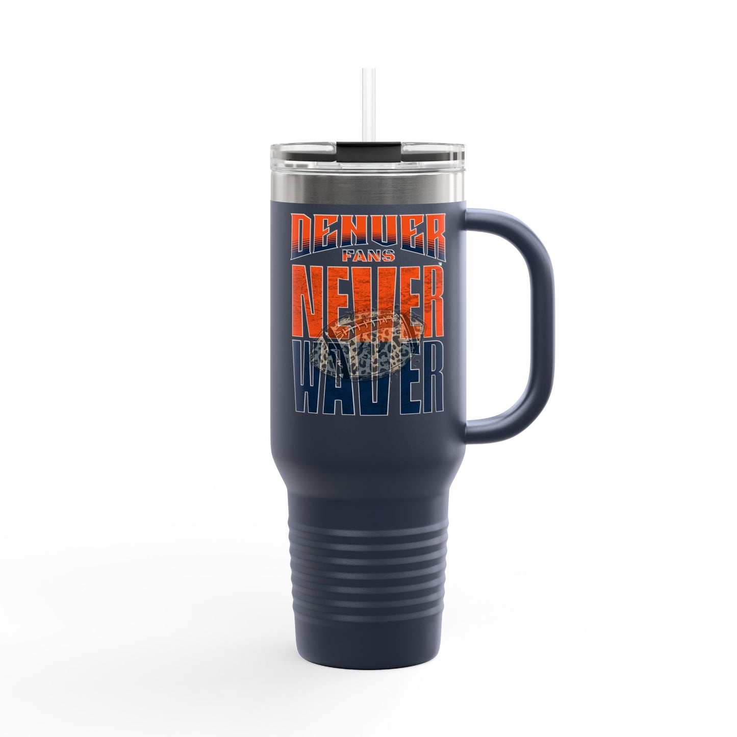 Denver Fans Never Waver with leopard football Insulated Travel Mug, 40oz