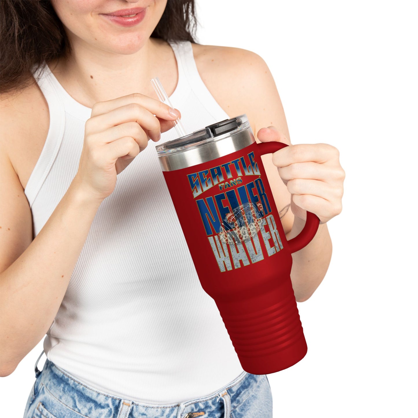 Seattle Fans Never Waver w Leopard Football Insulated Mug, 40oz