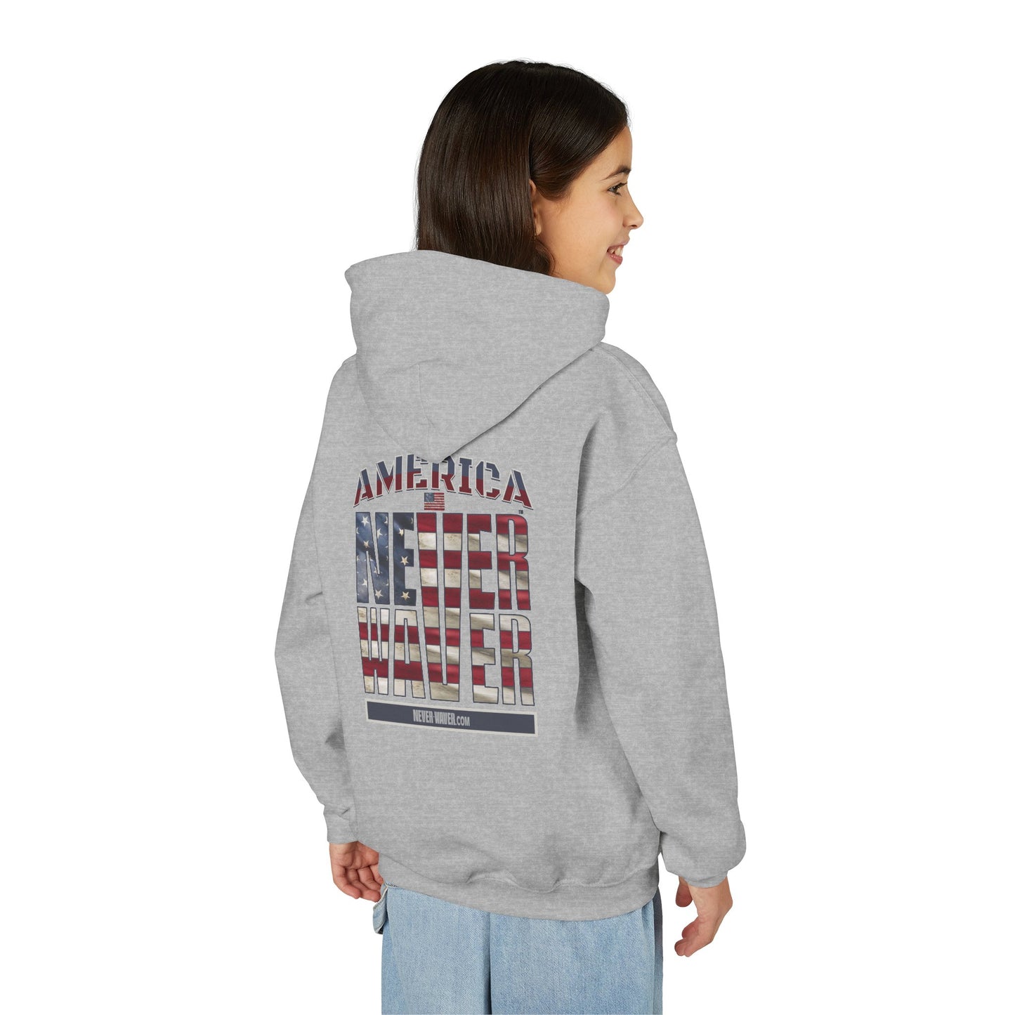 "America Never Waver " Motivational Sweatshirt Youth Heavy Blend Hoodie