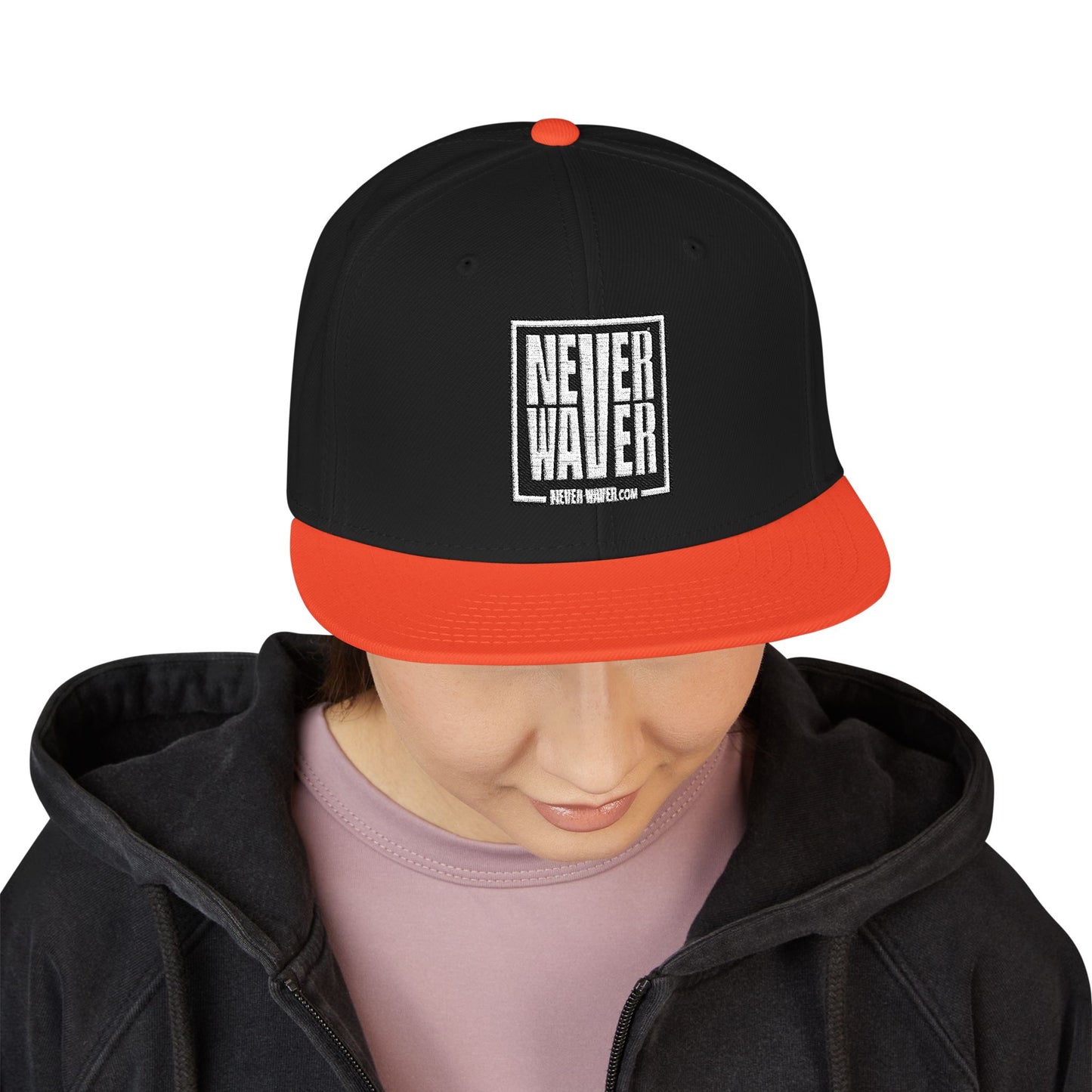 Never Waver Embroidered Square Script Snapback Hat — Bold Monochrome Streetwear