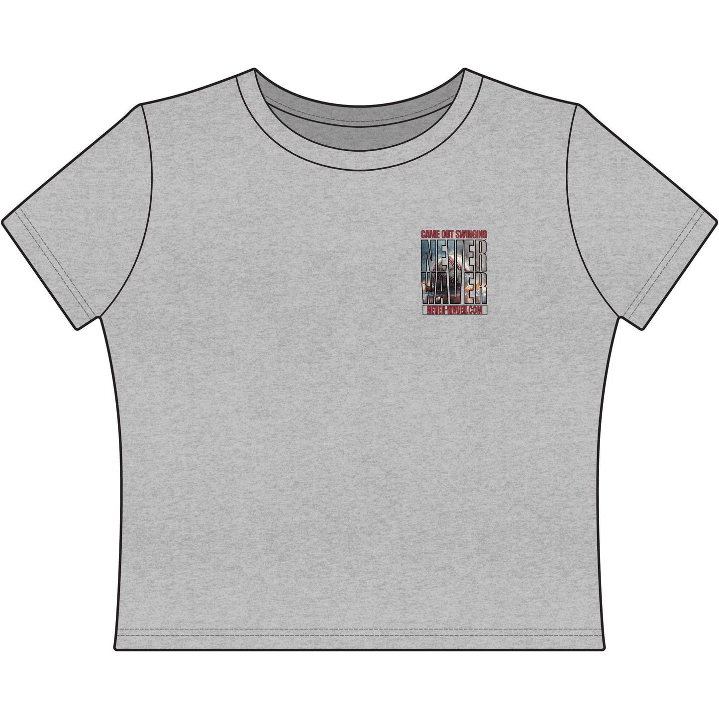 Women's Crop Tee — "Never Waver" Baseball Graphic Tee (Came Out Swinging)