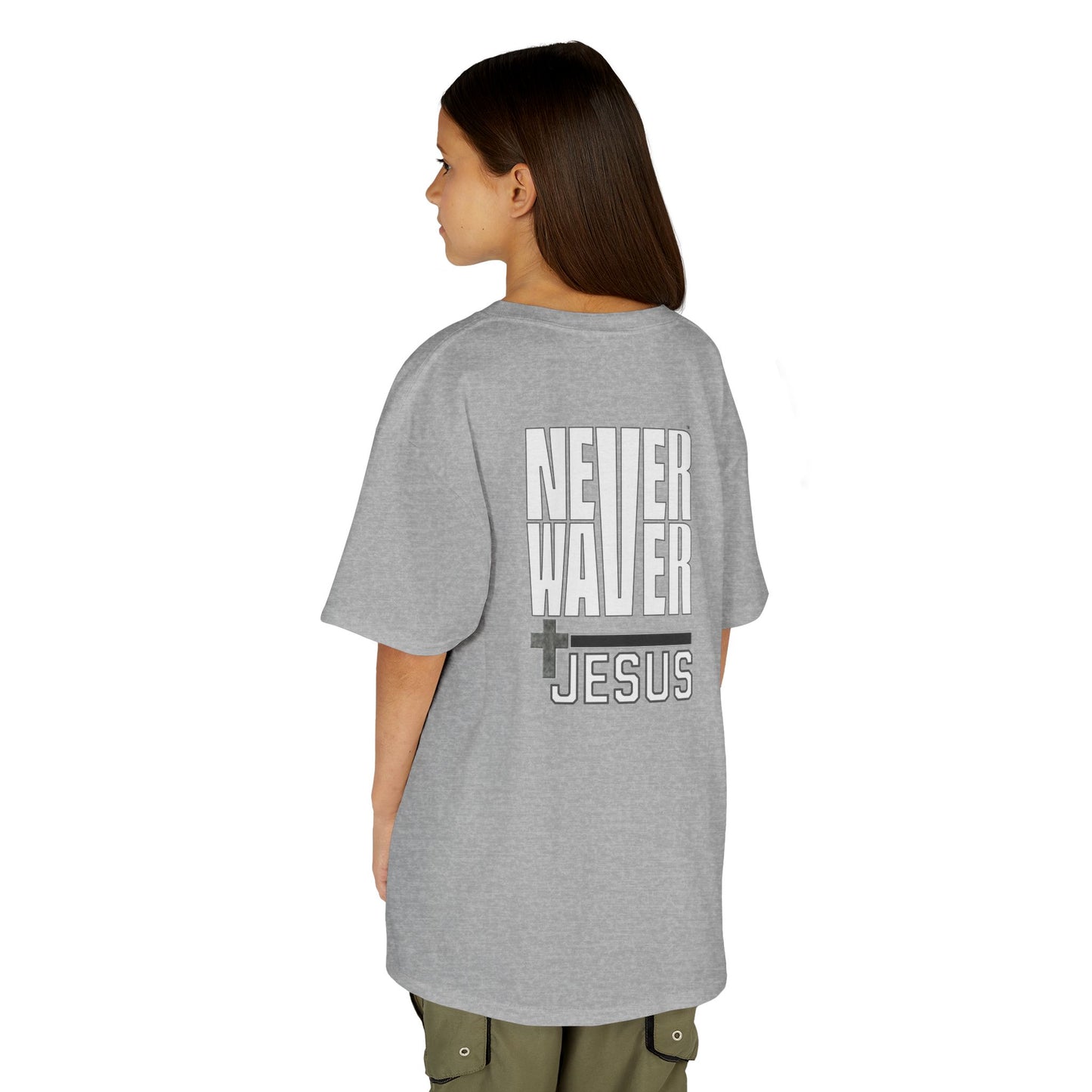 Never Waver” Jesus a bold, eye-catching design that reflects a steadfast faith and confidence in Christ.