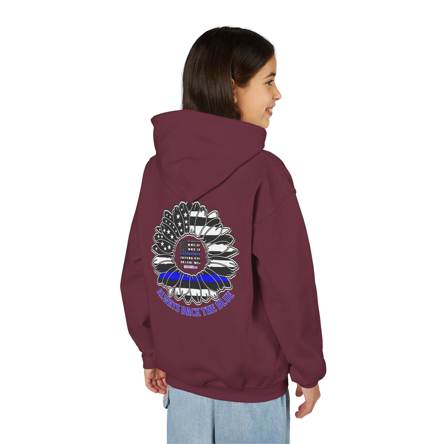 Never Waver Always Back The Blue  Vintage-Inspired Youth Hoodie with American Flag Design