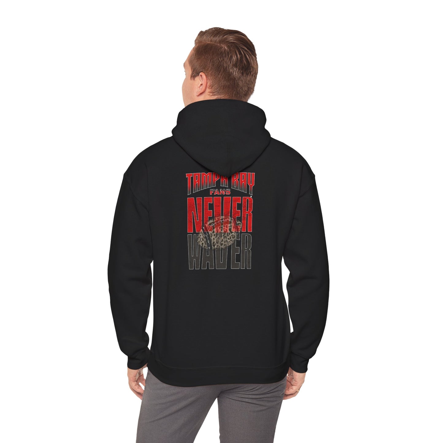 Tampa Bay Fans  Never Waver  w Leopard Football Unisex Heavy Blend™ Hoodie - Perfect for Sports Fans