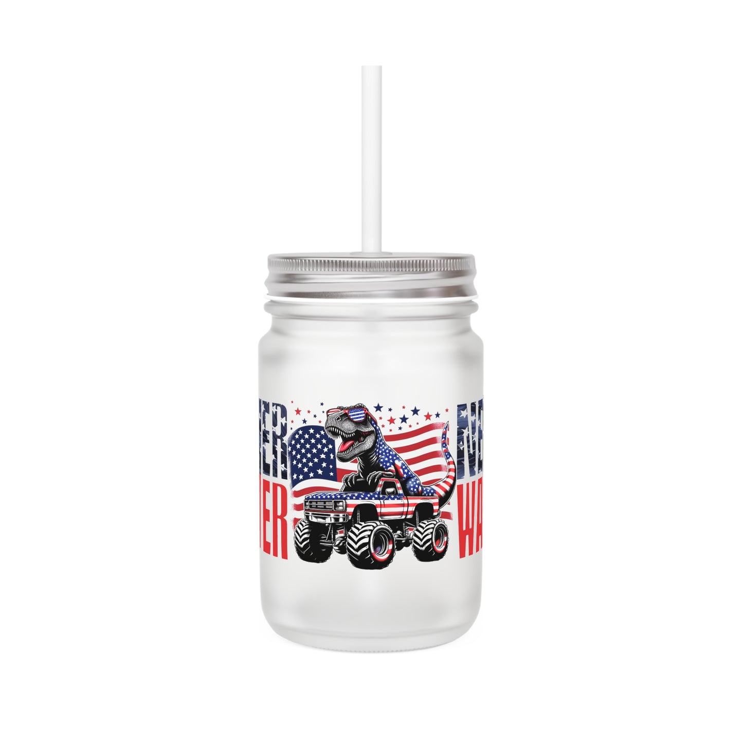 Never Waver Patriotic Dinosaur Mason Jar with Straw - Perfect for 4th of July Celebrations