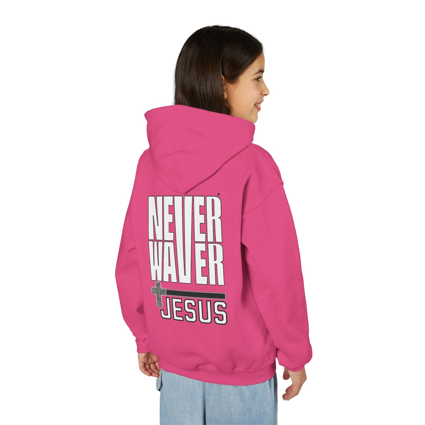 Youth Jesus Hoodie - "Never Waver” Jesus bold, eye-catching design that reflects a steadfast faith and confidence in Christ. " Sweatshirt for Young Jesus Lovers