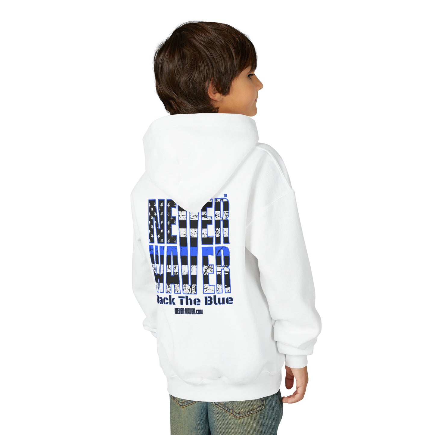 Never Waver Back The Blue  Vintage-Inspired Youth Hoodie with American Flag Design