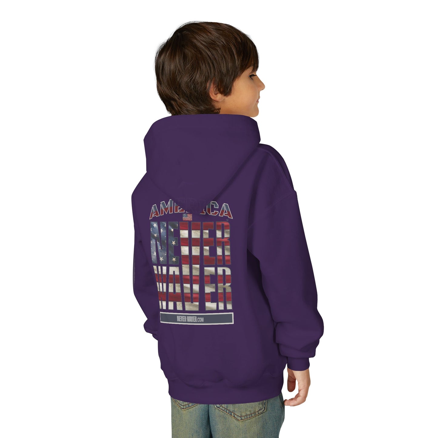 "America Never Waver " Motivational Sweatshirt Youth Heavy Blend Hoodie