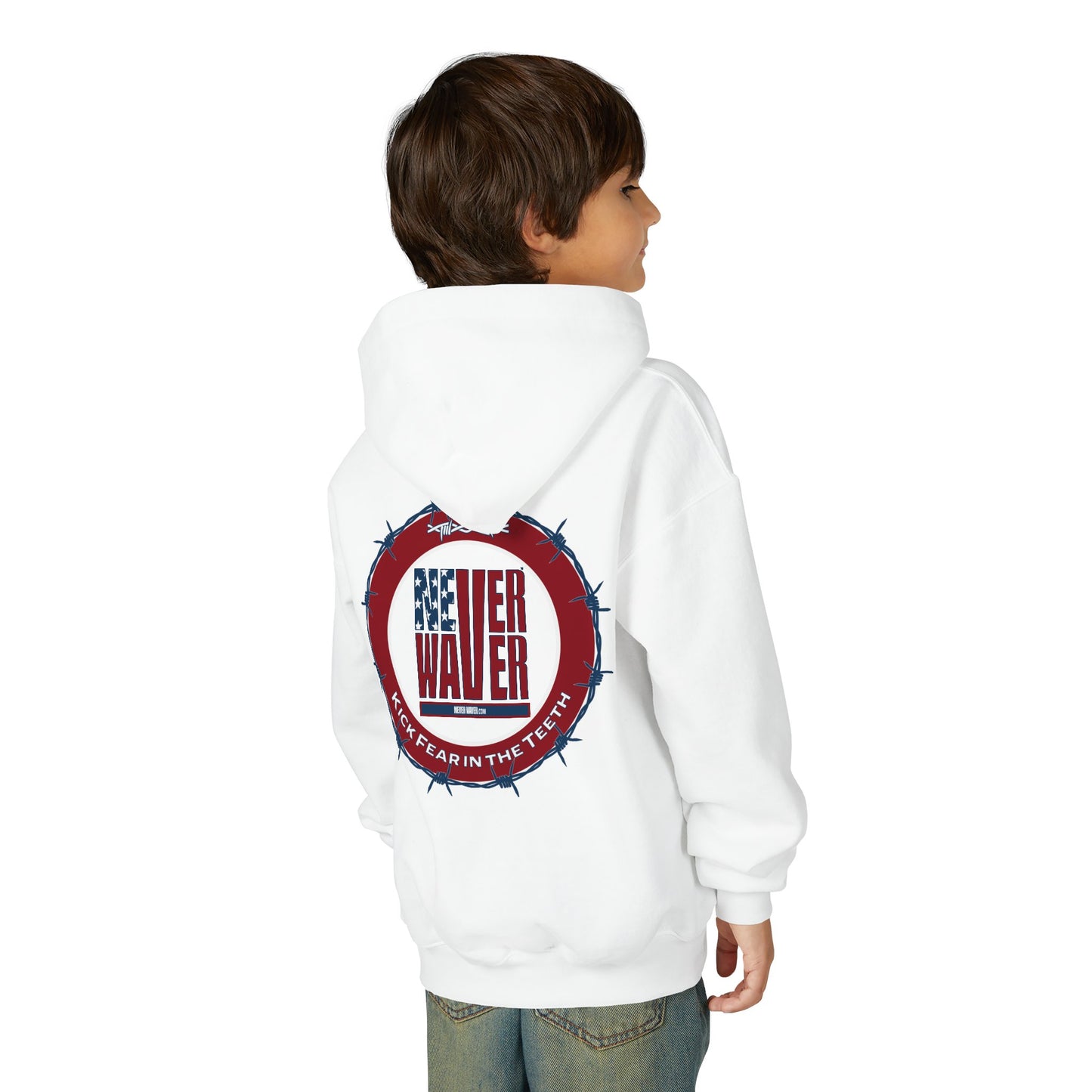 NEVER WAVER KICK FEAR IN THE TEETH Youth Heavy Blend Hooded Sweatshirt