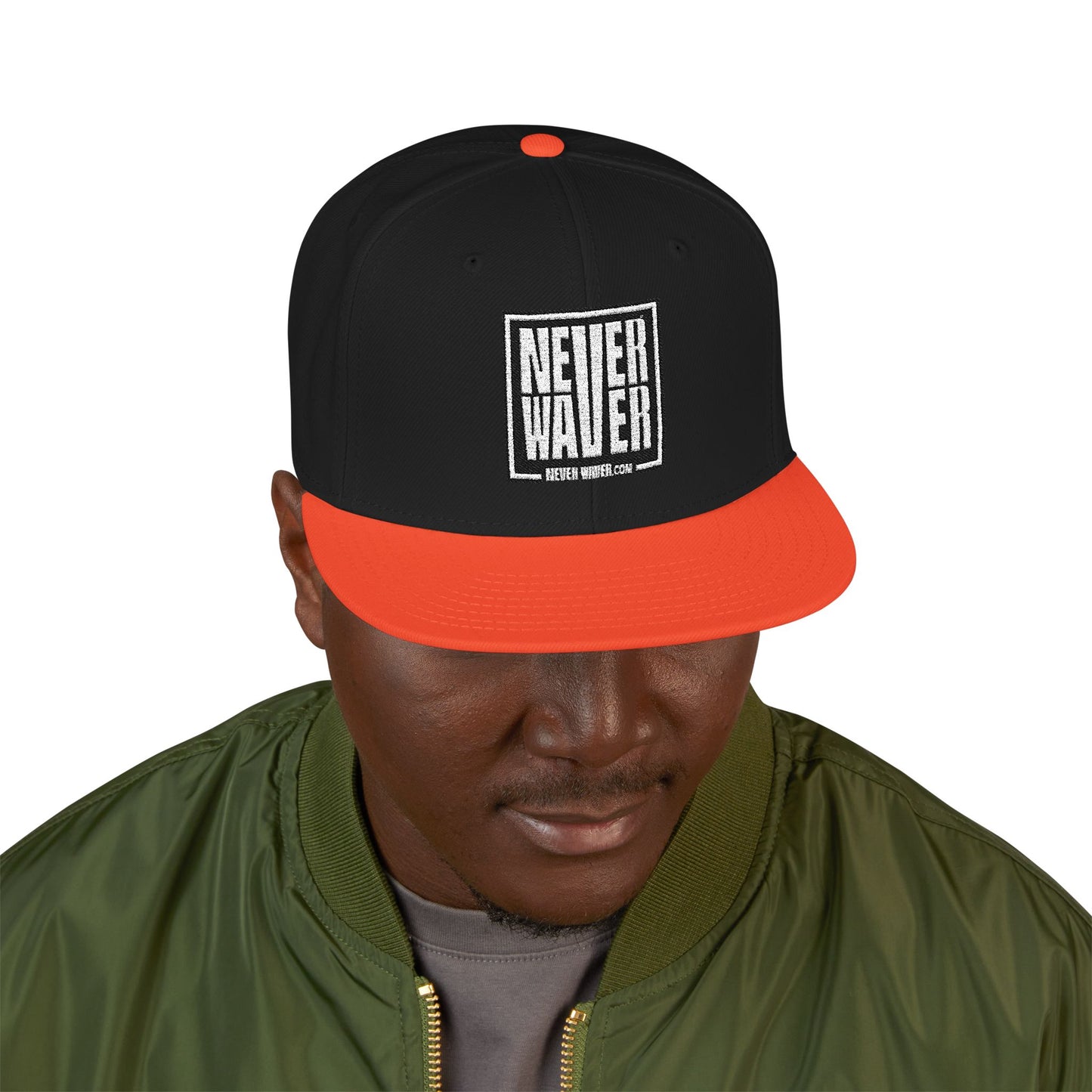 Never Waver Embroidered Square Script Snapback Hat — Bold Monochrome Streetwear