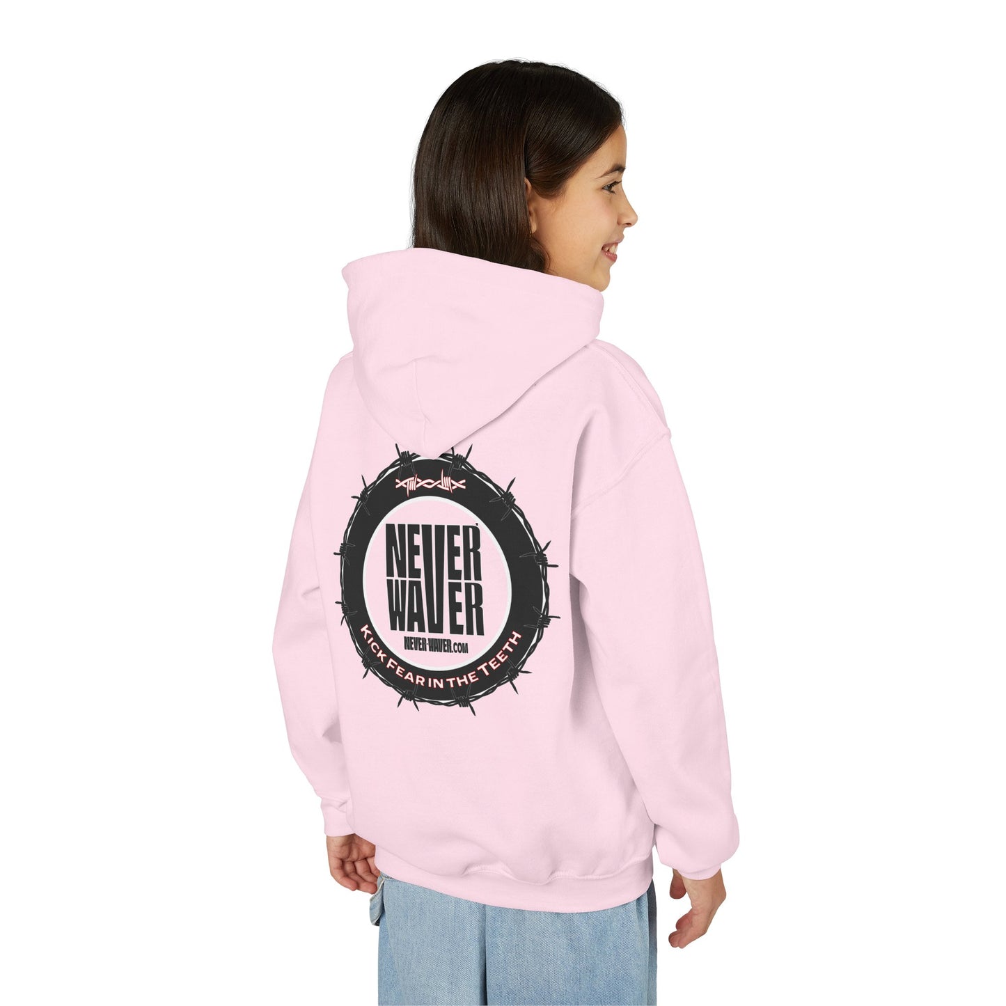 NEVER WAVER KICK FEAR IN THE TEETH Youth Heavy Blend Hooded Sweatshirt